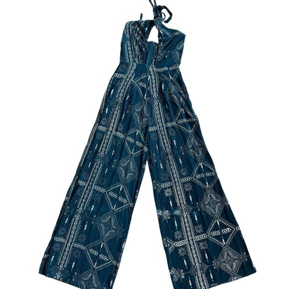 Cleobella Low Neck Halter Wide Leg Teal & Cream Jumpsuit Pockets Size XS - Picture 3 of 10